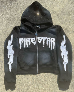 Sweats à capuche sweat 600gsm poids lourd épais en détresse recadrée fermeture éclair broderie Patch hommes acide lavage fermeture éclair à capuche - Product Image 3