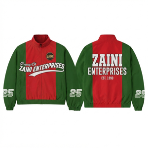 เสื้อแจ็คเก็ตกันลมผู้ชาย โพลีเอสเตอร์พรีเมียม 120 GSM สีแดงเขียว แบบ Color Block Panel สกรีนโลโก้ตามสั่ง รับผลิตแบบ OEM ODM แบรนด์ส่วนตัว - Product Image 1
