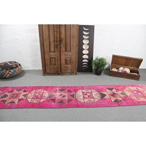 2.2x12 ft Vintage <b>Rug</b>, Turkish <b>Runner</b> <b>Rug</b>, Pink Moroccan Wool <b>Rug</b> - Product Image 3