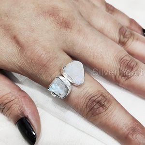 Joyería de piedra en bruto, anillo de mujer, piedra lunar arcoíris Natural, piedra preciosa, piedra natal de junio, joyería de piedra doble, anillo de Plata de Ley 925 - Product Image 4