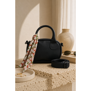 Sac à main et bandoulière mini noir-émeraude avec détail foulard imprimé en cuir - Product Image 1