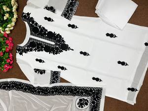 Traje Salwar Tradicional de Alta Calidad con Costura de Cadena hasta la Rodilla, en Color Negro y Blanco, Tela de Seda Sintética Georgette para Fiestas de Mujeres Indias - Product Image 4