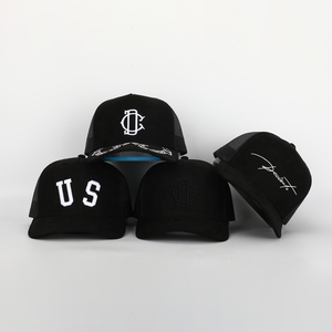 Vente en gros OEM Casquette de camionneur personnalisée 5 panneaux en daim noir Casquettes de baseball Sportif Broderie à bord incurvé Logo Dot Offre Spéciale commune - Product Image 3
