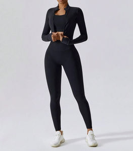 Conjunto de entrenamiento de dos piezas largo para mujer al por mayor, chaqueta deportiva con cremallera completa, mallas de cintura alta con botones y borlas para gimnasio/yoga/correr - Product Image 2