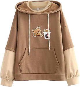 Sudadera con Capucha de Manga Corta para Mujer, con Bordado de Oso de Dibujos Animados, Talla XS, Estilo Kawaii, Patchwork, 100% Algodón, Felpa, Informal, Forrada, para Otoño - Product Image 1