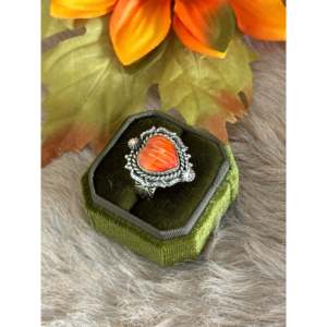 Southwest Handmade Turquoise Spiny Oyster Sterling <b>Silver</b> <b>Adjustable</b> Heart Statement <b>Ring</b> - Product Image 3