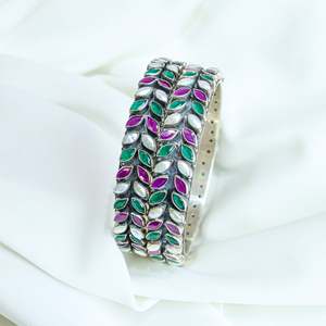 Aasma 925 Silver Fine Bangle <b>Ruby</b> & Emerald Semiprecious Stone Single Piece - Product Image 4