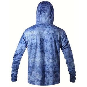 เสื้อตกปลามีฮู้ดพิมพ์ลายดอกไม้สำหรับผู้ชายฤดูร้อนบริการ OEM ออกแบบโลโก้ตามสั่งระบายอากาศได้ UPF 50สีฟ้า - Product Image 2