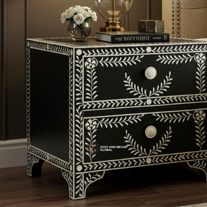 Luxury <b>Black</b> Bone Inlay Nightstand with Floral Design Handcrafted <b>Bedside</b> <b>Table</b> with Two Drawers - Product Image 3
