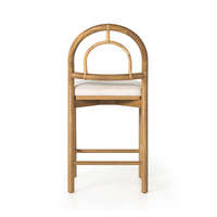 Tabouret de bar moderne Meghan, structure en teck massif, assise en rotin tressé, coussins moelleux, design écologique, finition Almai pour bar à domicile et salle à manger