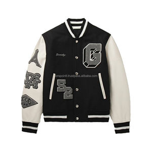 Chaqueta universitaria para hombre Logotipo personalizado Puños acanalados Dobladillo Escote Bolsillo lateral Uniforme de béisbol Mangas de cuero - Product Image 3