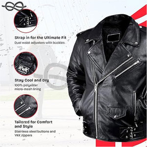 Chaqueta de motorista de cuero negro genuino estilo Vintage para hombre, chaqueta de motorista de tela ODM personalizada resistente al agua con forro térmico - Product Image 2