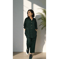 Ensemble coordonné pour femme en lin et coton 100 %, coupe ample/décontractée, noir, avec chemise et pantalon
