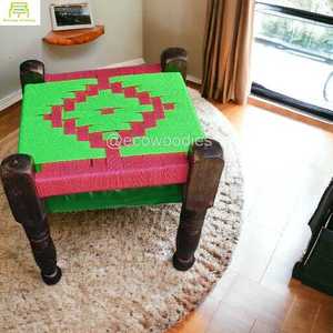 Tabouret ottoman en bois de bambou tricoté à la main Tabouret de douche en bambou Repose-pieds Console incrustée d'os - Product Image 2