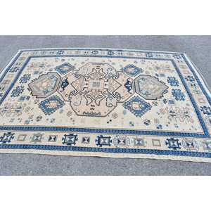 Alfombra de lana azul Beige Kazak de 6,6X9,4 pies, tejido plano turco, sala de estar alfombra para, patrón de retazos para adolescentes, pasillo rectangular - Product Image 3