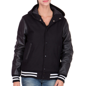 Chaqueta Urbana de Moda para Mujer, Estilo Universitario con Capucha Negra, Mangas Estilo Cuero, Forro Acolchado, Ribete a Rayas - Product Image 1