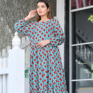 Robe mi-longue confortable pour femmes bloc de main élégant imprimé 100% coton indien robe décontractée écologique à manches longues - Product Image 1