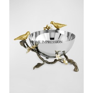 Hot Selling <b>Silver</b> Color Finishing Shiny Mirror Polished Round Shape <b>Bowl</b> With Gold Plated Birds Designer Serving <b>Bowls</b> Supplies - Product Image 1