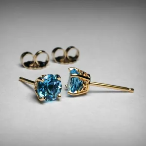 新设计圆形天然蓝色黄玉宝石耳钉时尚饰品批发在线925纯银宝石耳环