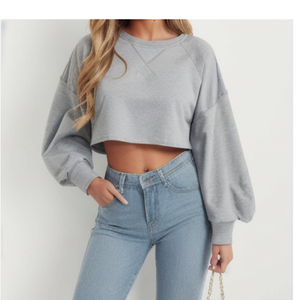 Top corto de gran tamaño para mujer, sudaderas con capucha personalizadas de alta calidad, gris sólido, Otoño, manga larga, ropa de mujer transpirable de BD - Product Image 1