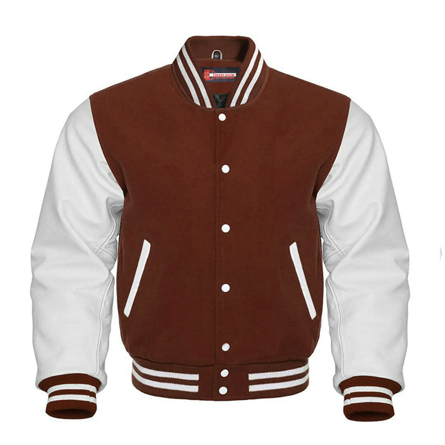 Últimas Lã Marrom & Branco Real Couro Collar Varsity Jacket/Atacado Hot Inverno Temporada Bordado Patch Varsity Casacos