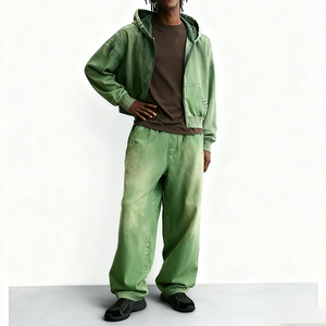 ชุดเซ็ตเสื้อฮู้ดดี้ซิปและกางเกงขายาวสไตล์สตรีทแวร์ พิมพ์ลายดิจิทัล ล้างสีแบบแอซิดวอช ทรงบ็อกซี่ ครอป สำหรับผู้ชาย - Product Image 3