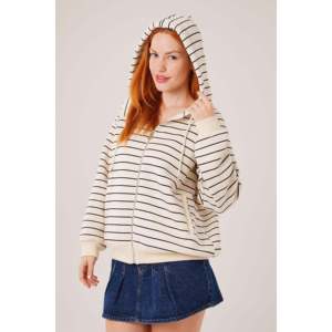 Lustrin Women's Wholesale Hooded Zippered Striped <b>Cardigan</b> <b>Sweater</b> - Stone Gray Cotton Polyester Blend Casual Outerwear - Product Image 4