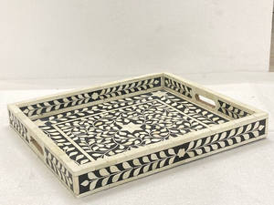 Plateau de service en incrustation d'os blanc floral fabriqué à la main inspiré du design indien de Marrakech pour la décoration intérieure et l'utilisation d'hôtel pour le stockage - Product Image 5