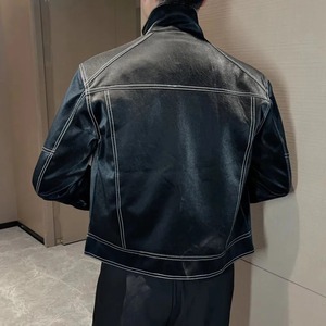 Hombres Y2k Matte Biker Chaqueta de cuero Sin género Otoño Invierno Discoteca Trendy Street Stand Collar Topstitch Chaqueta de cuero Unisex - Product Image 4