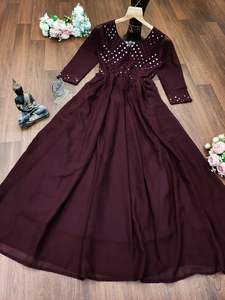 Robe de soirée de créateur, tenue de travail de Type Anarkali, couleur marron, renard Georgette avec doublure complète, broderie miroir - Product Image 6