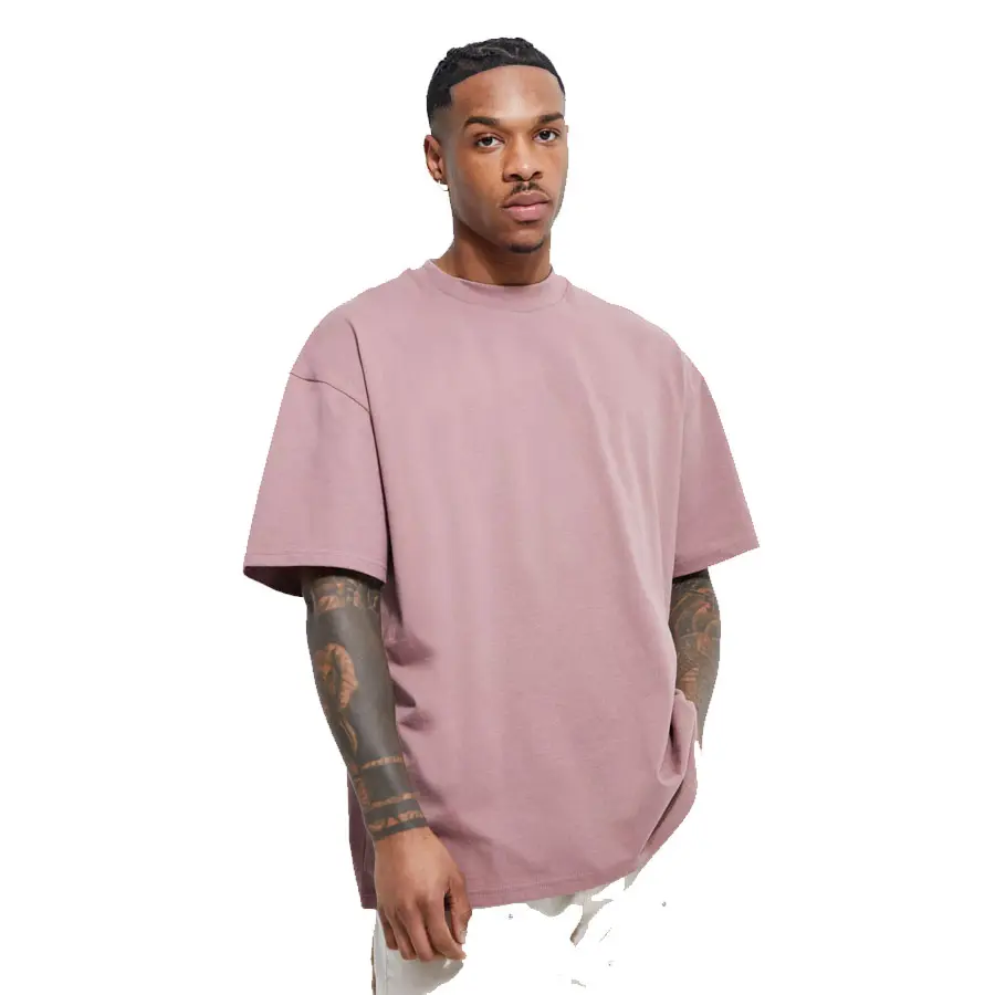 Hochwertige Männer gewaschen GSM lila Farbe übergroße gerippte Hals lässig T-Shirt mit kurzen Ärmeln zum Verkauf