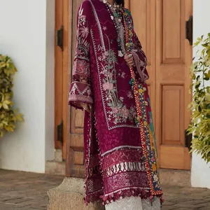 Großhandel Frauen Kameez Shalwar pakistani schen Rasen Anzüge über Ausschnitt Stickerei mit Print Hose und Chiffon Dupatta genäht