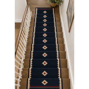 Tapis d'escalier en laine tissé à la main bleu marine, motif géométrique sud-ouest, lavable et antidérapant - Product Image 3