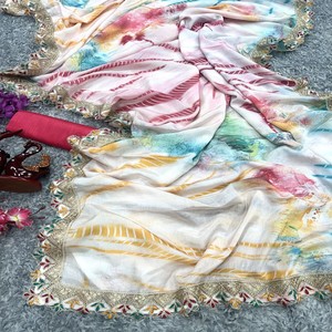 Blusa Sari estampada de tela de Chinon suave y pesada de moda superventas, sari nupcial exclusivo elegante para fiestas de invierno - Product Image 2