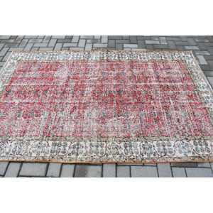 4.7x7.6 ft Vintage Turkish Rug, Area Rug, <b>Red</b> Blue Bordered <b>Wool</b> Rug - Product Image 3