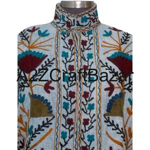 Veste bomber en coton brodée Suzani faite à la main en Inde, veste vintage florale d'hiver bohème écologique à col en V pour femmes - Product Image 3