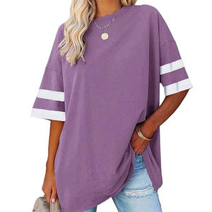 T-Shirt col rond demi-manches surdimensionné pour femmes violet coupe ample respirant toile broderie décoration Style d'impression décontracté - Product Image 3