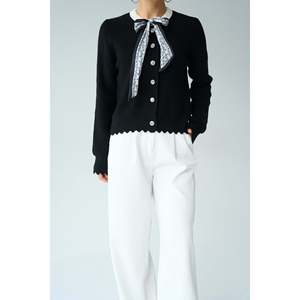 Black-Cream Knit Cardigan with Scarf - Product Image 1