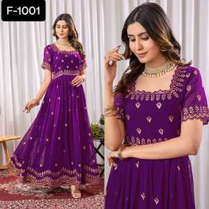 ชุดประจำชาติอินเดียปักลายดอกไม้ด้วยเลื่อมซาริสไตล์ anarkali พร้อมใส่ชุดแฟนซีสำหรับผู้หญิง - Product Image 3