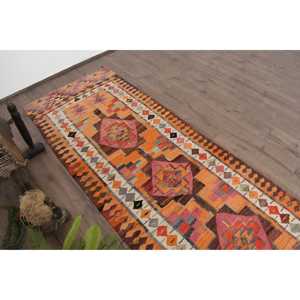 Vintage Turkish <b>Rug</b>, <b>Runner</b> 2.9x9.9 ft (87x302 cm) <b>Rug</b>, Orange Floral Wool <b>Rug</b> - Product Image 5