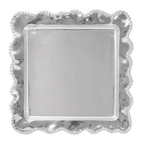 Plateau de service décoratif en métal aluminium artisanal, bord perlé argenté, plateau carré, décoration d'intérieur, accent au meilleur prix - Product Image 1