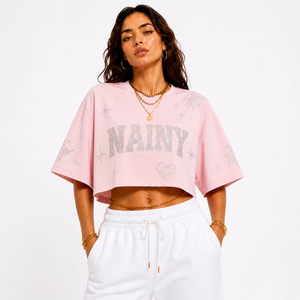 Women Oversized Cropped T Shirt With <b>Rhinestone</b> Embroidery Loose Fit Cotton Streetwear Crop <b>Top</b> Custom Bulk Supplier - Product Image 1
