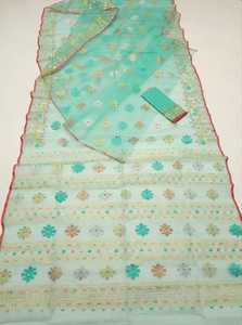 Exclusivo nuevo Deshi Dhakai Jamdani Sharee calidad de exportación para mujeres JAMDANI tela azul verde dorado cielo azul de Bangladesh - Product Image 6