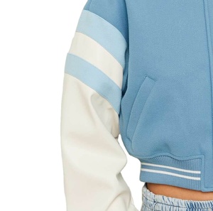 <b>Womens</b> Vintage Letterman Varsity <b>Jacket</b> Crop Genuine <b>Leather</b> Sleeve with Embroidered Wool Body Stand Collar Plain Dyed Canvas - Product Image 3