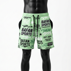 Shorts de baño de poliéster de secado rápido de alta calidad, 140 GSM, color verde azulado con franjas laterales negras y logotipo de diamantes de imitación, ropa de playa para hombre. - Product Image 1