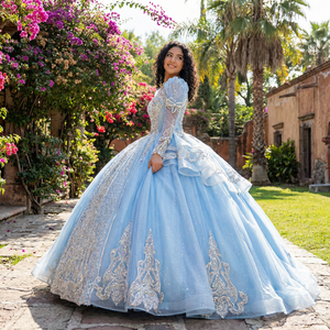 Vestidos de Noche Largos para Mujer XS218 Princess con Cuello Alto, Cordones, Cuentas, Cristales y Cintura Natural - Product Image 1