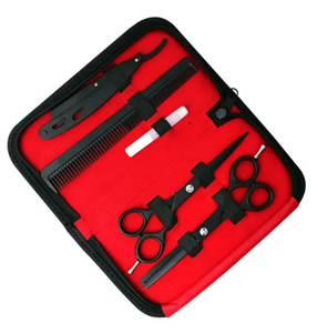 Kit de tijeras de peluquero de acero con revestimiento negro profesional Tijeras de adelgazamiento de corte de cabello con estuche de cuero de afeitar Herramientas para el cabello de uso en salón - Product Image 2