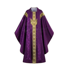 Batas de iglesia con puños decorativos y bordado de cuello Batas de Iglesia elegantes con cinturón de satén y ribete a juego - Product Image 2