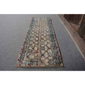 Classique Beige Bleu 1.2x 3.7ft Tapis En Laine À La Main Vintage Conception Turque Patchwork Forme pour Salon Couloir Latex - Product Image 2