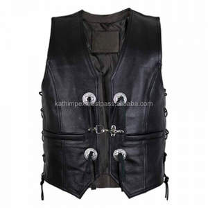 High-Quality <b>Men's</b> Leather <b>Vest</b> Conchos Buckle Closure Side Laces Breathable <b>Black</b> Custom OEM Biker Apparel - Product Image 1